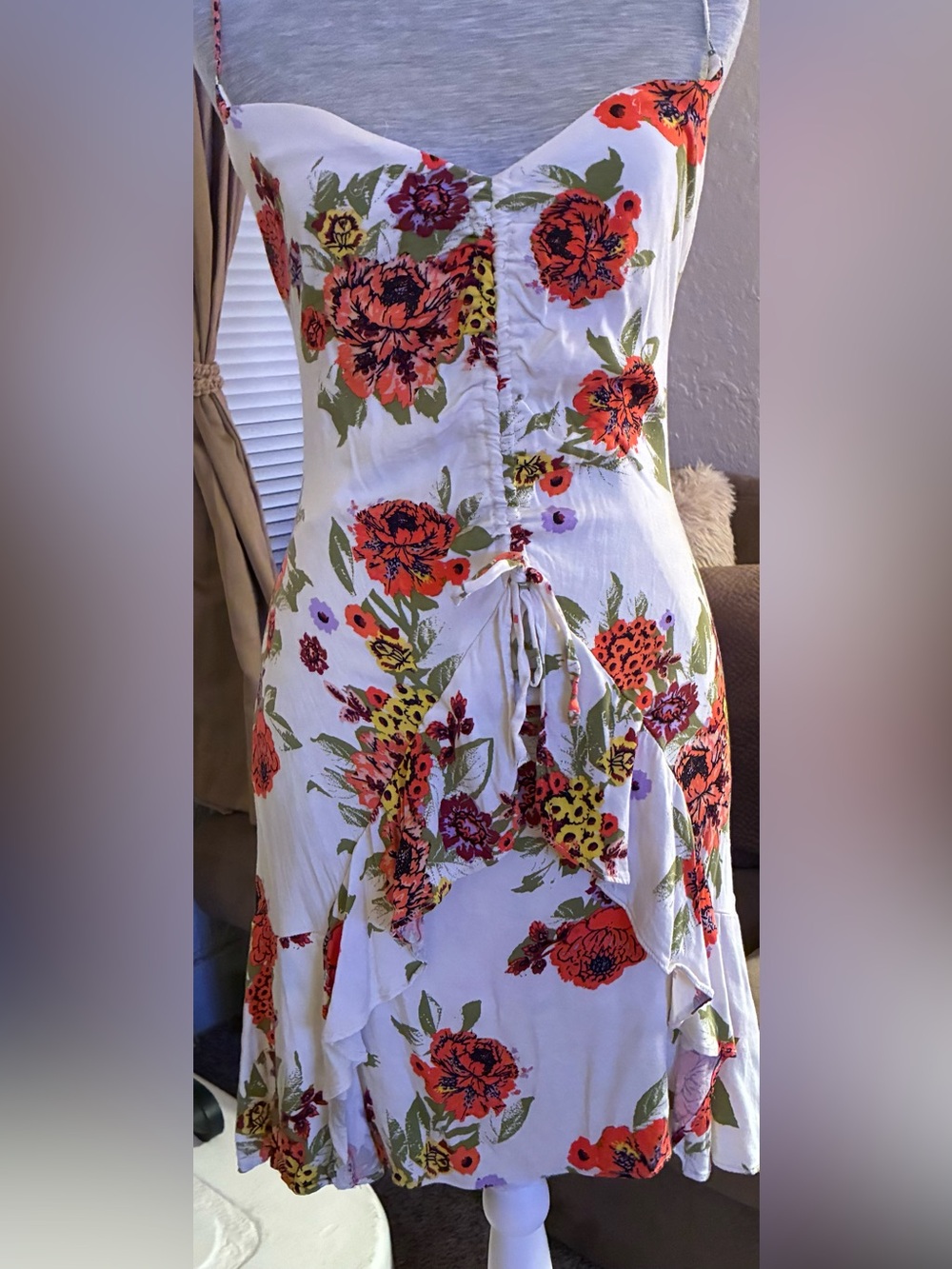 FREE PEOPLE Happy Heart Floral Spaghetti-Strap Sundress in Cream and Orange🌺